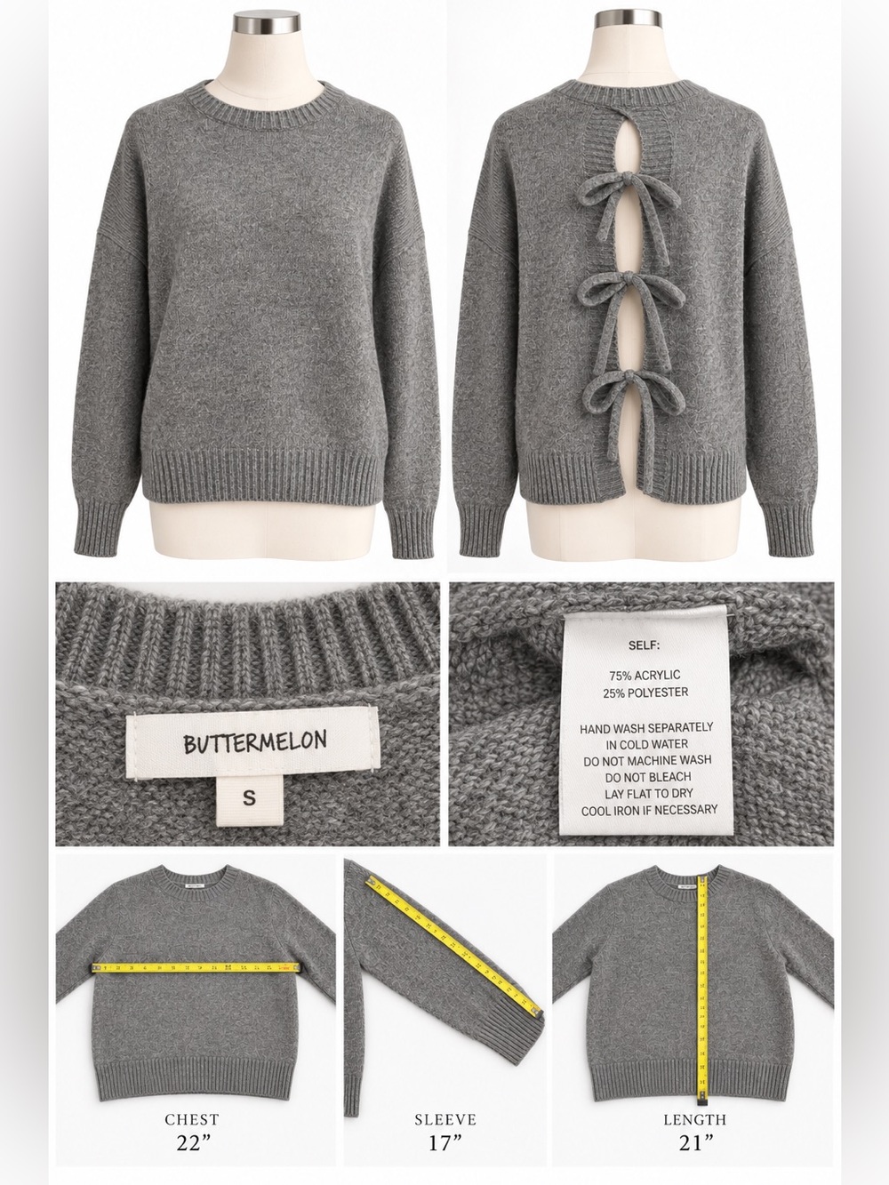 Buttermelon Gray Bow-Back Knit Sweater